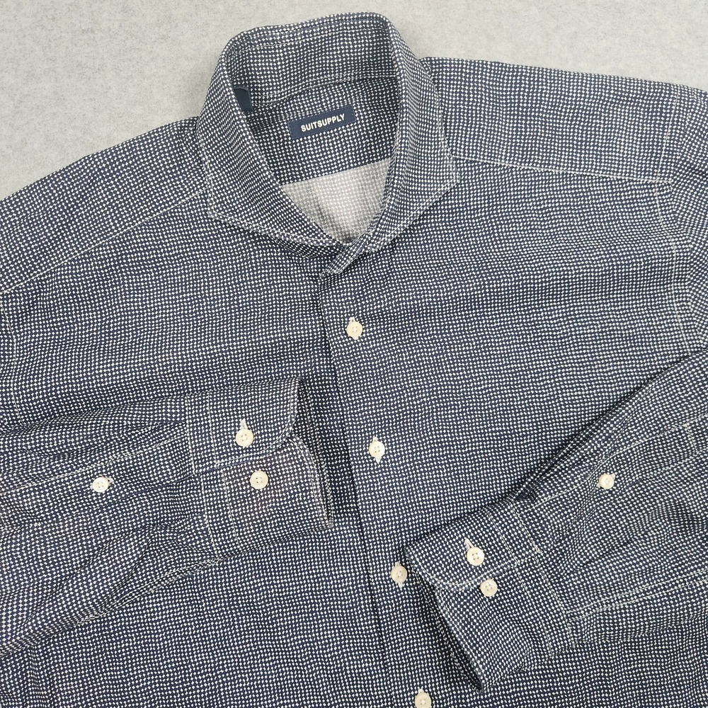 Suitsupply Shirt Mens 40 15 3/4 Blue Dots Albini Cotton Button Down Long Sleeve